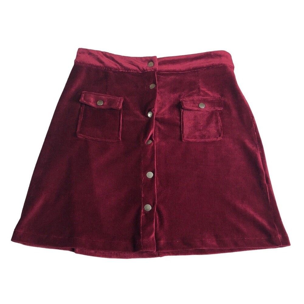 Umgee Skirt‎ Womens Medium Burgundy Corduroy Velvet Mini Snap Front Pockets